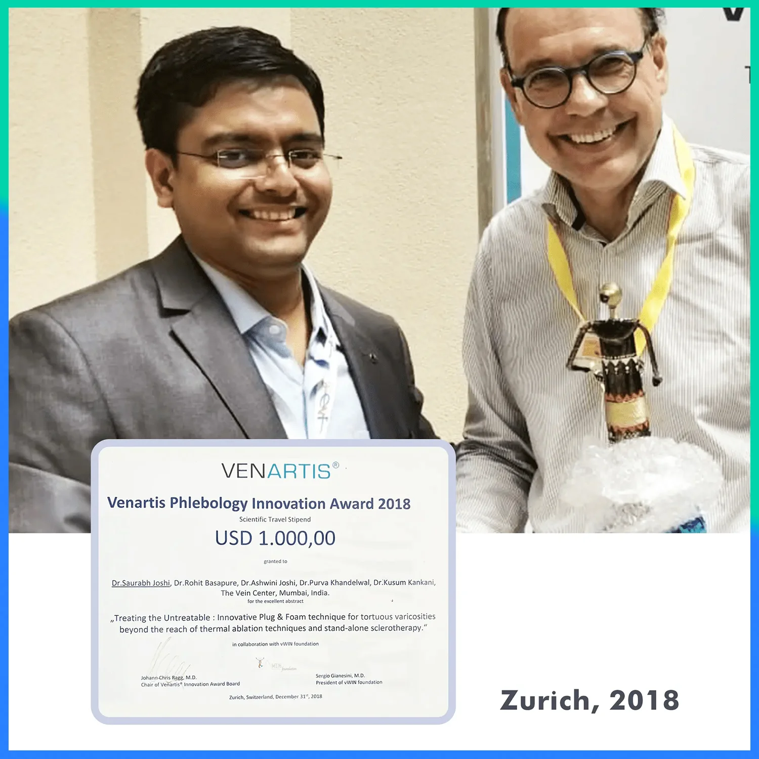dr. saurabh joshi with venartis phlebology innovation award in 2018 for varicose veins treatment in 2018 vein mumbai copy.jpg
